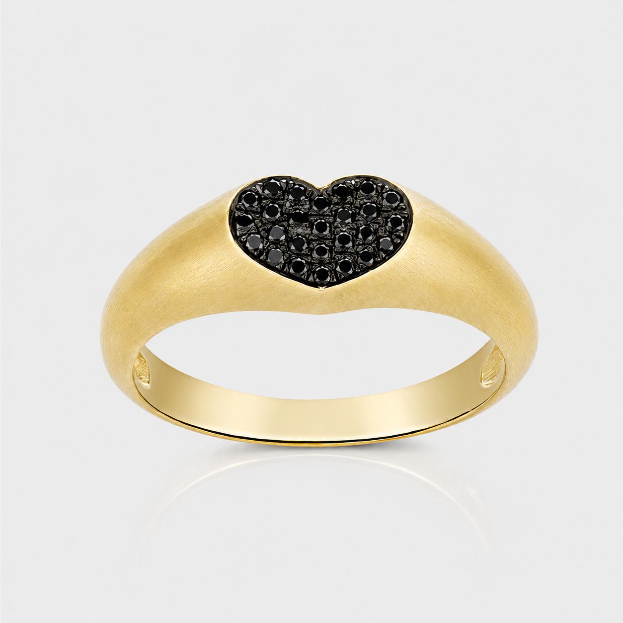4R14B 14K Gold Black Diamond Heart Signet Ring - Image 1