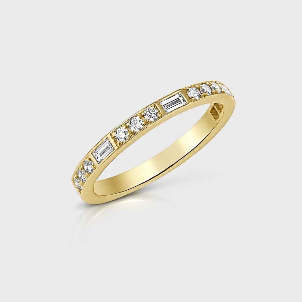 14K Gold Alternating Baguette and Round Diamond Band