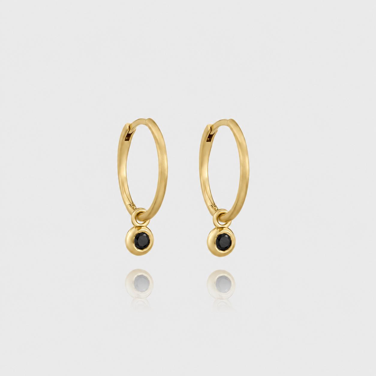 4E46G Black Diamond Dangle Gold Hoop Earrings - Image 1