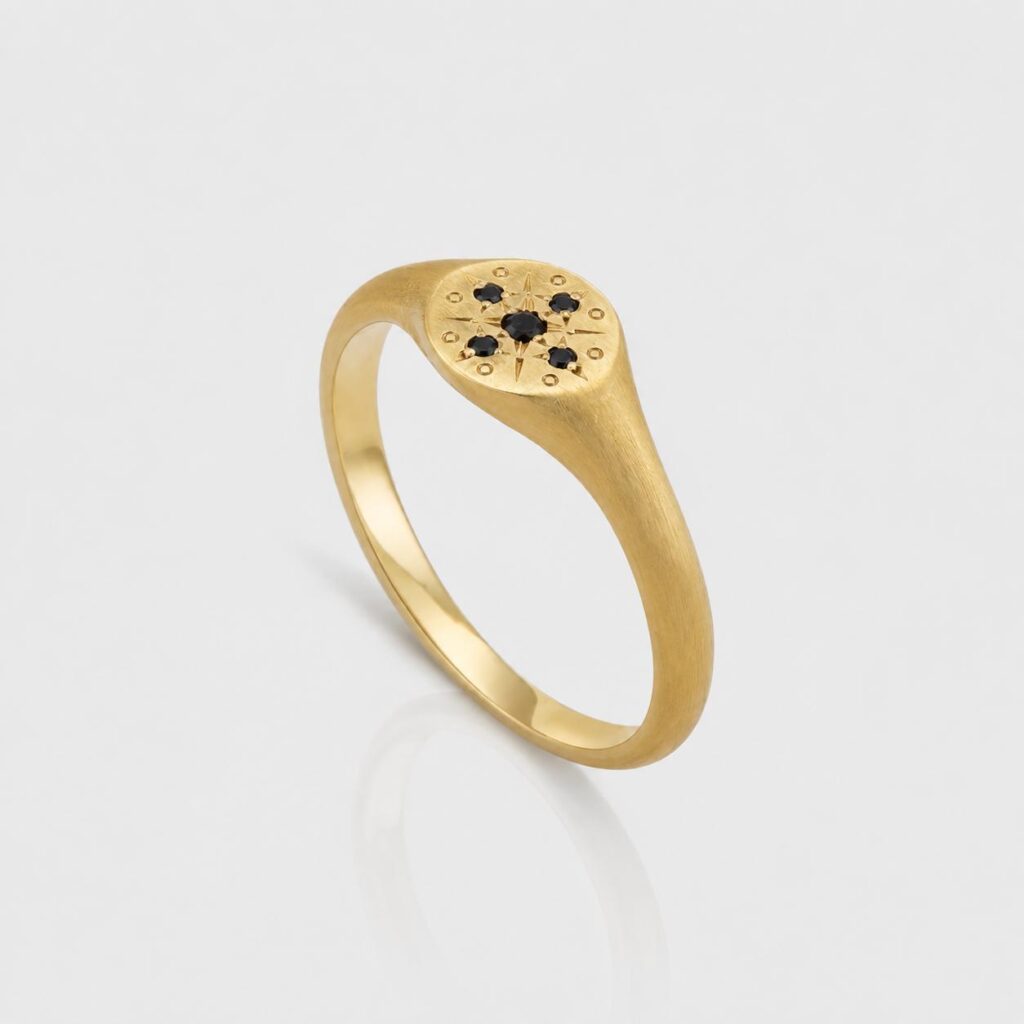 Dainty Mini Signet Ring with Black Diamond Cluster Pave