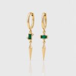 Emerald & diamond hoop earrings with a kite-shaped pendant