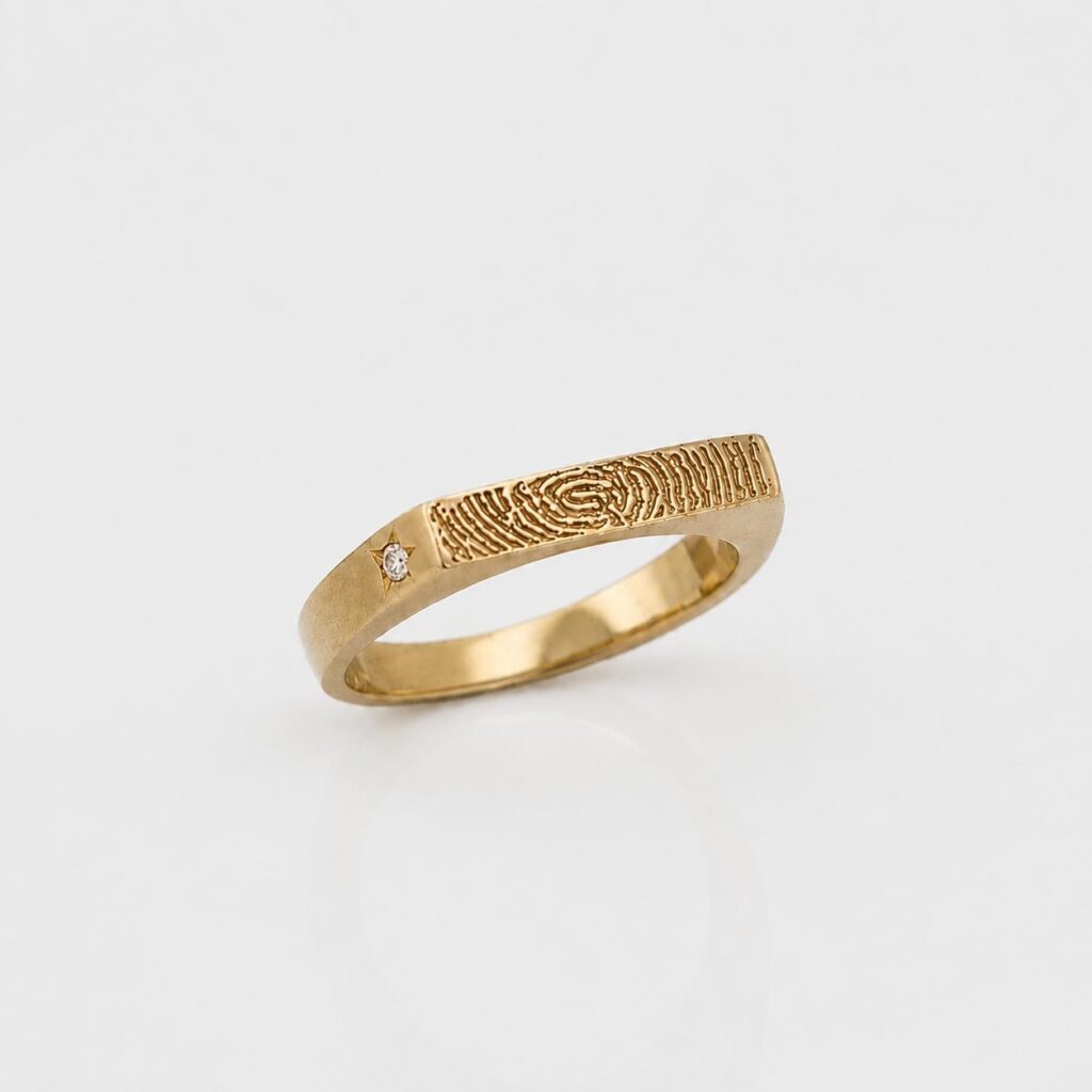 Rectangular signet ring with a fingerprint and a diamond